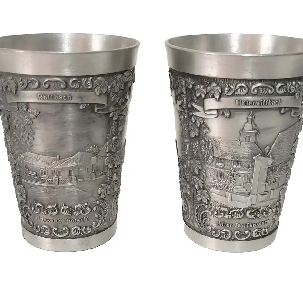 Zinn Becker Pewter Cups Set Of 2 Hand Engraved Ornate Weibelbach Rottbach + More